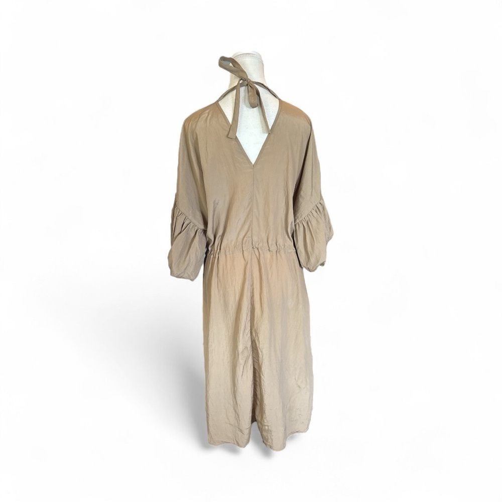 Deveaux New York Riley Beige Midi Dress Puff Sleeve Ruched Drawstring Waist L - Picture 6 of 9